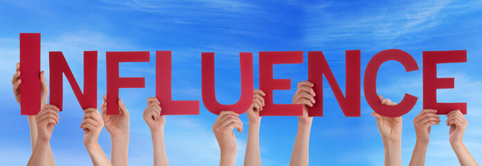 Many People Hands Holding Red Straight Word Influence Blue Sky