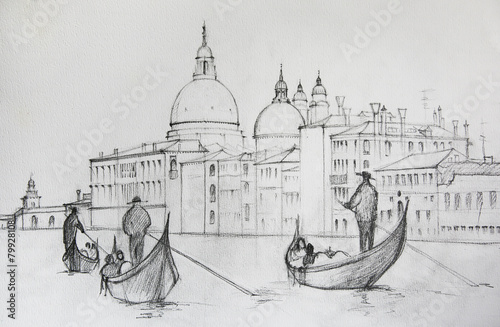 Naklejka - mata magnetyczna na lodówkę Painting of Venice Italy, painted by pencil