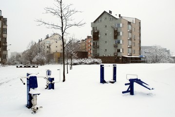 Wall Mural - Winter snowfall in capital of Lithuania Vilnius city