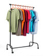 Mobile rack with clothes on white background.