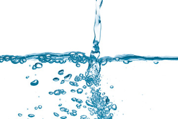 Flowing water with bubbles on white background