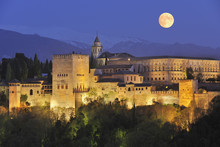 Spain, Andalusia, Granada Province, View Of Alhambra Palace Illuminated At Night