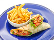 Burritos with french fries on blue plate