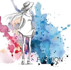 fashion sketch. Girl on a watercolor background.