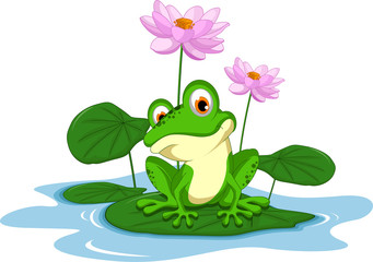 funny green frog cartoon sitting on a leaf