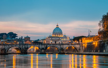 Saint Peter Cathedral Over Tiber River In Rome Italy
