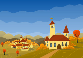 Wall Mural - Vector autumn landscape with hills, village and church.