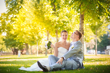 Bride and groom on the lawn