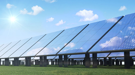 Modern Solar Panels Farm on beautiful Green Grass with Sunshine 