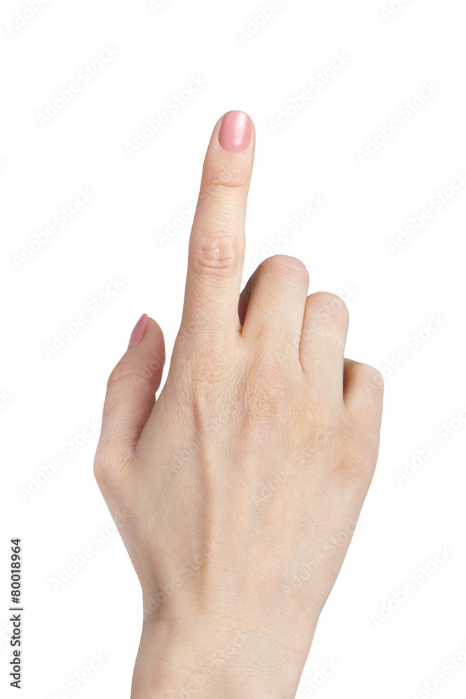 female hand index finger pointing up isolated - obrazy, fototapety, plakaty 