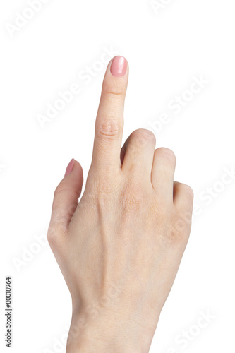 Foto Weibliche Hand Zeigefinger nach oben isoliert