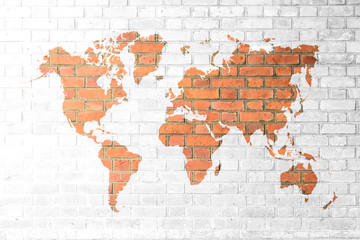  Red Brick wall texture Soft tone White color with world map