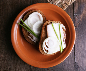 Wall Mural - Sandwiches with lard and onion on plate on wooden background