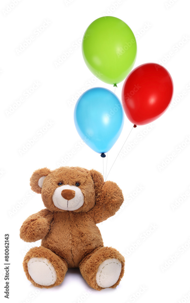Cute teddy bear holding colorful balloons - obrazy, fototapety, plakaty 