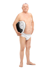 Poster - Senior in underwear holding a weight scale