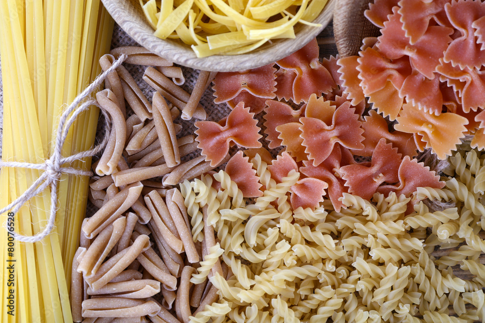 Different types of pasta close up