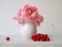 Bouquet Of Pink Roses And Red Currants.
