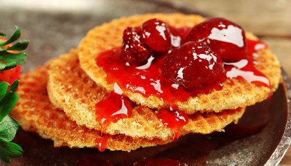 Sticker - Wafers with strawberry jam and berries on tray close up