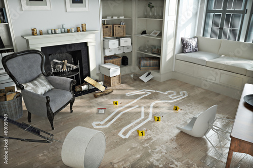 Cuadros en Lienzo Home invasion , crime scene in a wrecked furnished home.