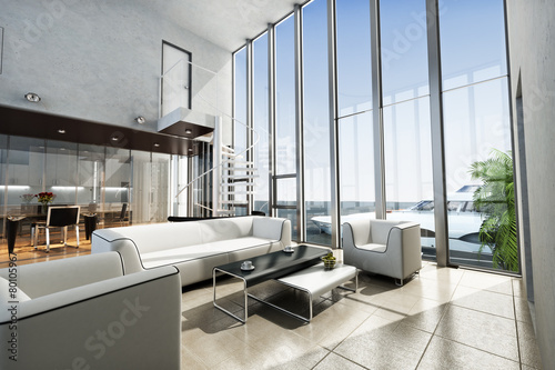 Fotografie, Obraz Luxury estate interior with ocean view and yacht.