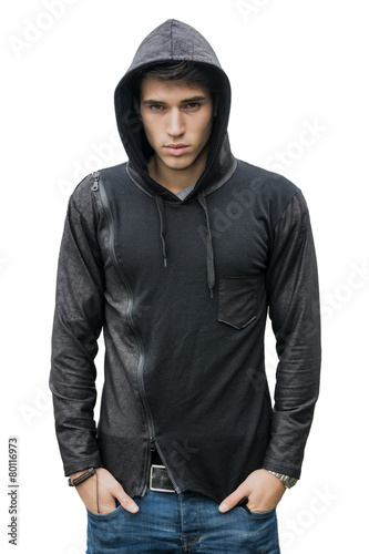 Handsome young man in black hoodie sweater isolated on white