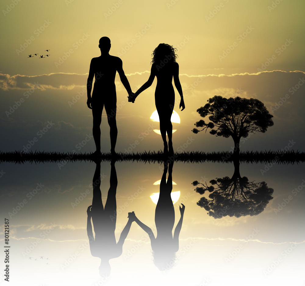 Adam and Eve in the eden - obrazy, fototapety, plakaty 