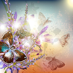 Fototapete - Artistic floral background with flowers and butterflies