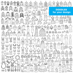 Vector set with doodles of fashionable clothes and accessories