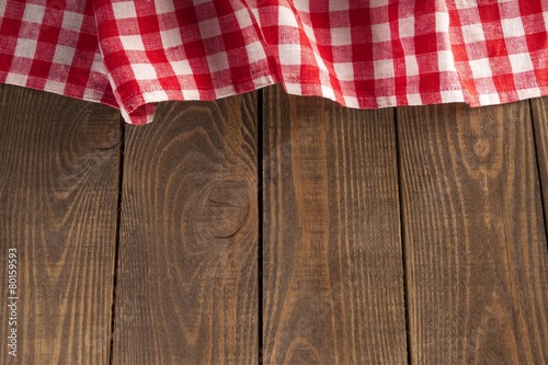 Top Old Wooden Table With Red Picnic Tablecloth And Copye Top Old Wooden Table With Red Picnic Tablecloth And Copye