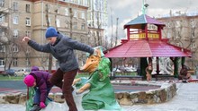 Anya, Dima Play In Playground With Sculptures Krylovs Fables.