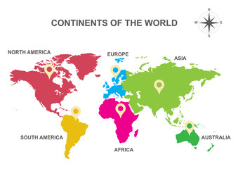  continents of the world, Asia, Europe, Australia, America,