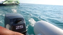 Mans Hand Control The Motor Boat By Turning Engine