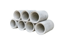 Concrete Drainage Pipes Stacked For Construction, Irrigation, In