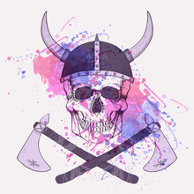 Vector Illustration With Watercolor Splash, Axes And Human Skull Wearing Viking Helmet