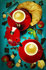 Poster - Breakfast with coffee, croissants and berries