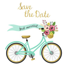 Wedding Save The Date Cards With Bicycle And Flowers.