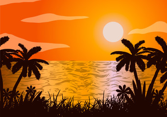 Sticker - Vector illustration. Sunset in the ocean, beach, palm tree