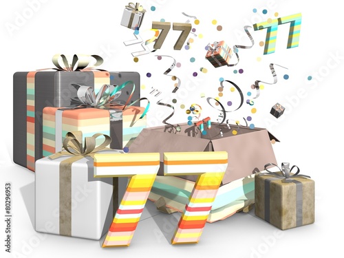 Fotografie, Obraz Postcard of presents and confetti for number 77