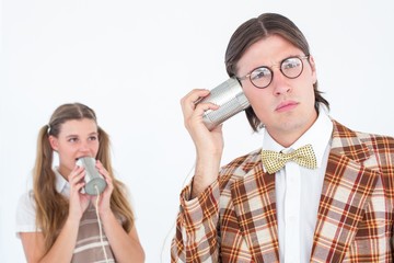 Poster - Geeky hipsters using string phone