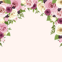 Background With Pink And White Roses And Lisianthus Flowers.