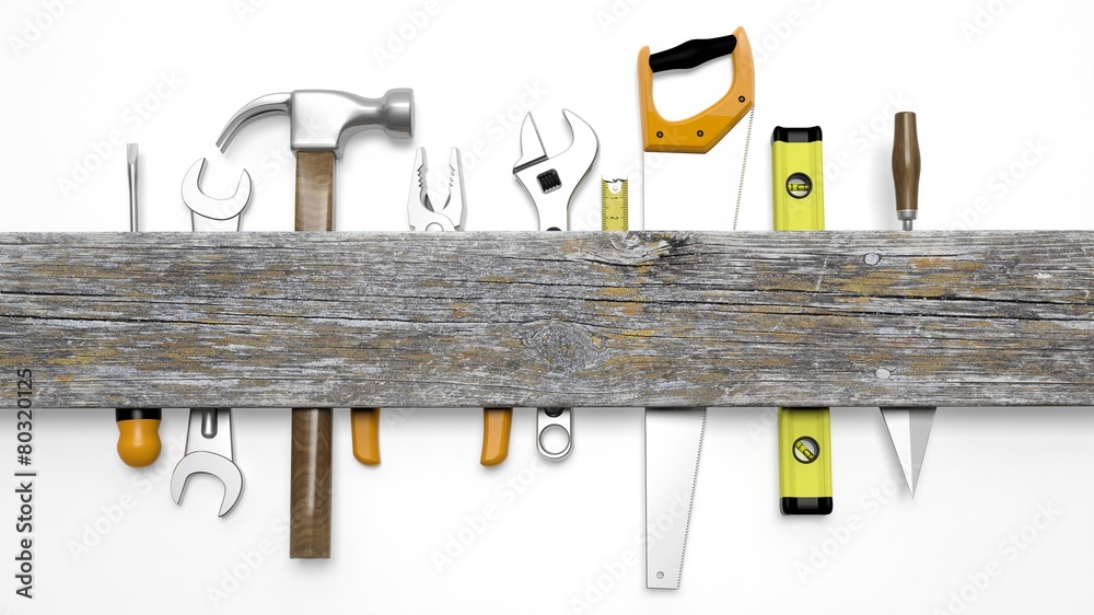 Various tools and wood with copy space, isolated on white - obrazy, fototapety, plakaty 