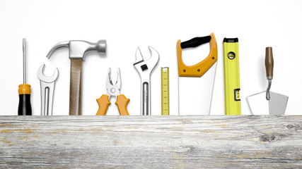 Wall Mural - Various tools and wood with copy-space, isolated on white