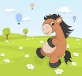 Spring landscape with cartoon pony on blooming meadow