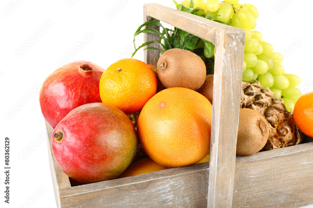 Assortment of fruits in box isolated on white