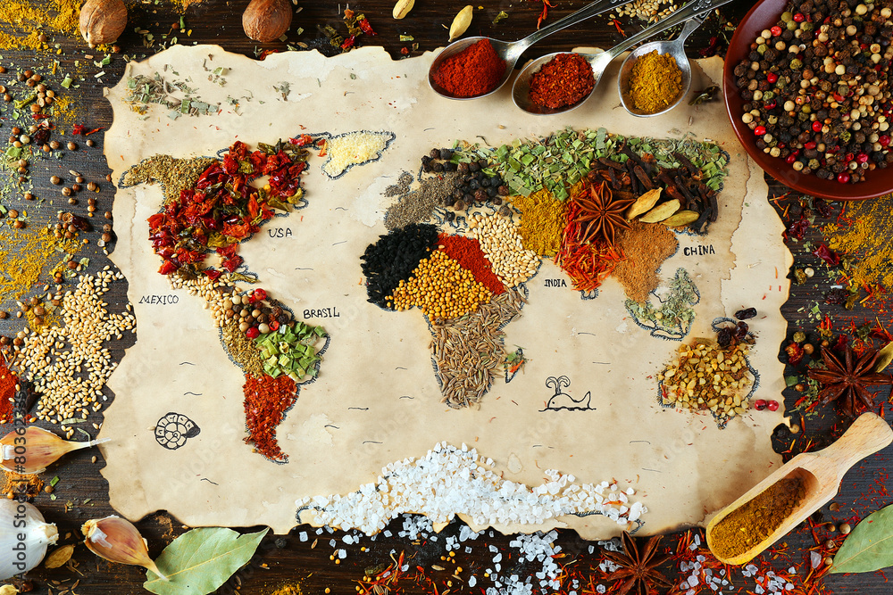 Map of world made from different kinds of spices - obrazy, fototapety, plakaty 