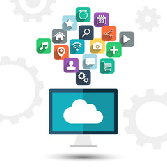 Poster - Cloud computing. Desktop computer and apps icons.