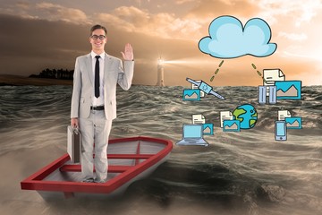 Poster - Composite image of businessman waving in boat