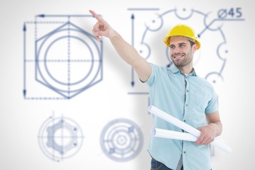 Poster - Composite image of male architect with blueprints pointing away