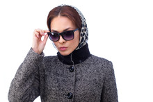 Fashion Young Woman Is Wearing Sunglasses And Coat. All Isolated