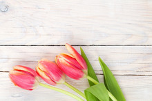 Colorful Tulips On Wooden Table